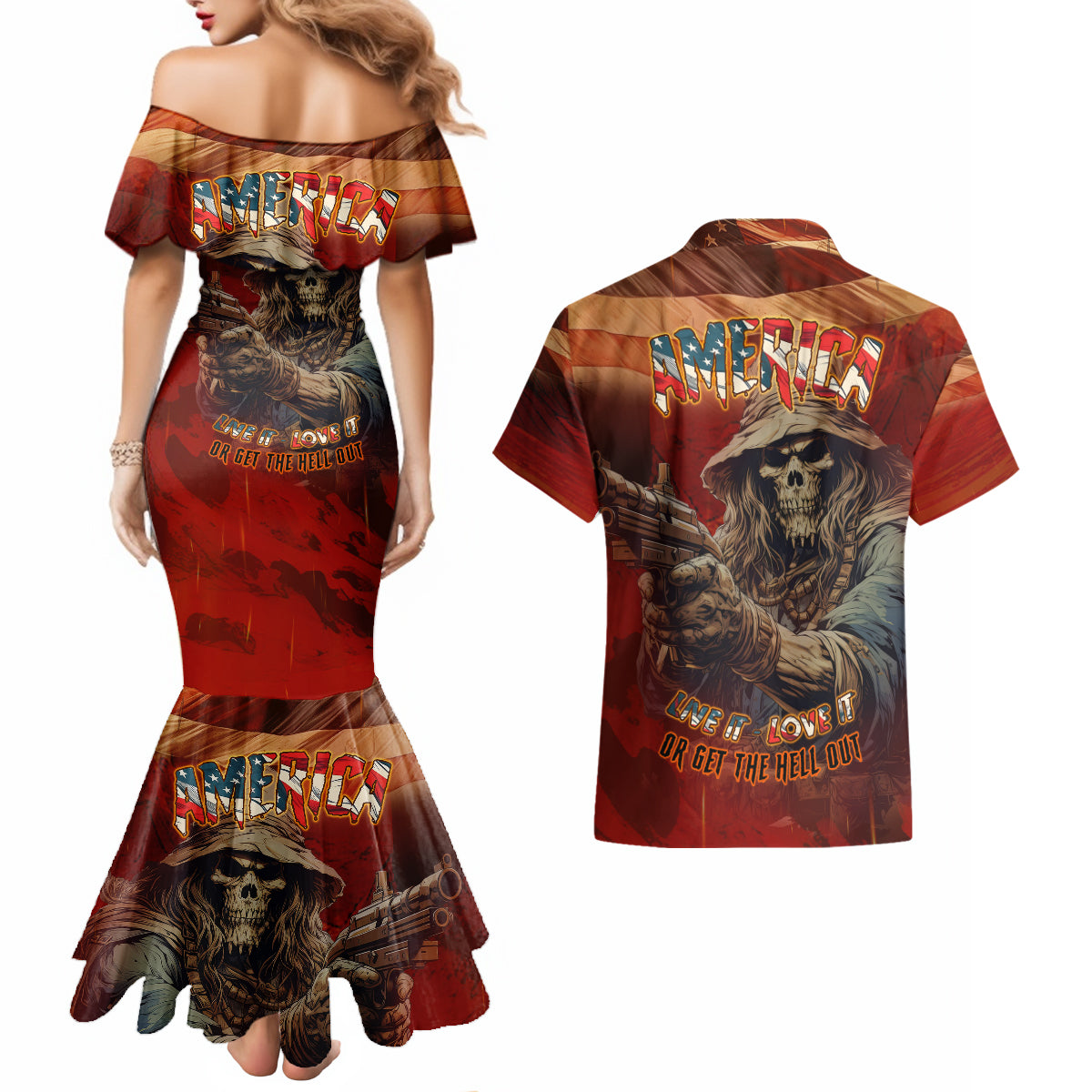 America Live It - Love It Or Get The Hell Out Couples Matching Mermaid Dress and Hawaiian Shirt - Wonder Print Shop