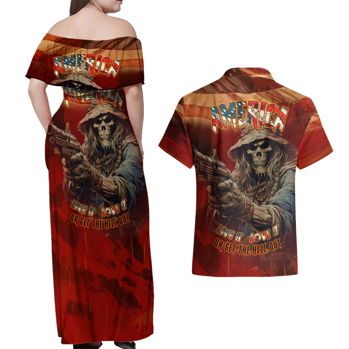 America Live It - Love It Or Get The Hell Out Couples Matching Off Shoulder Maxi Dress and Hawaiian Shirt - Wonder Print Shop