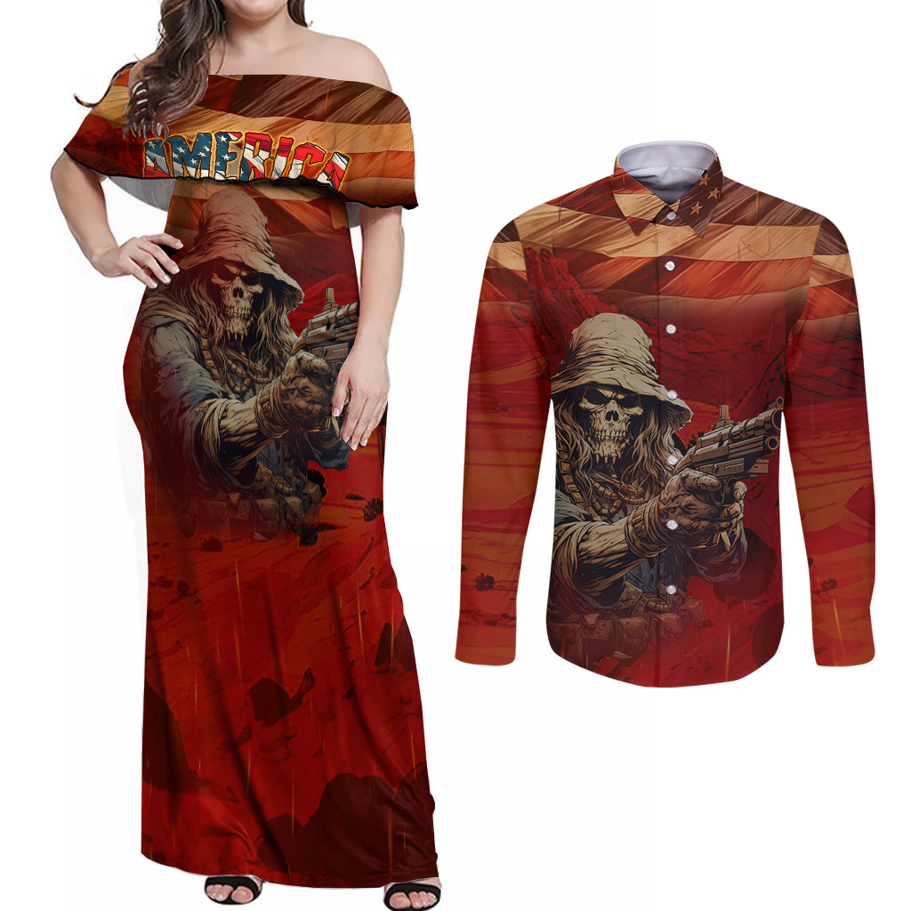 America Live It - Love It Or Get The Hell Out Couples Matching Off Shoulder Maxi Dress and Long Sleeve Button Shirts - Wonder Print Shop
