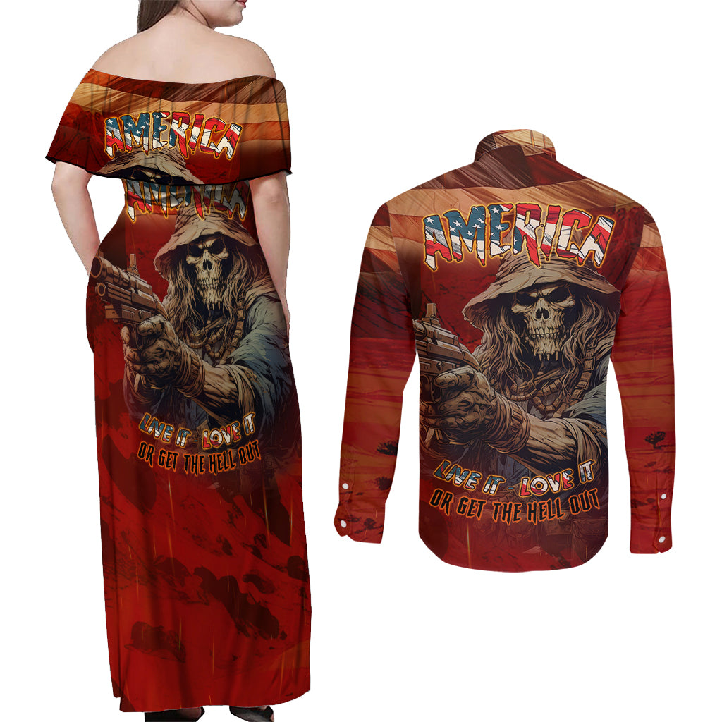 America Live It - Love It Or Get The Hell Out Couples Matching Off Shoulder Maxi Dress and Long Sleeve Button Shirts - Wonder Print Shop