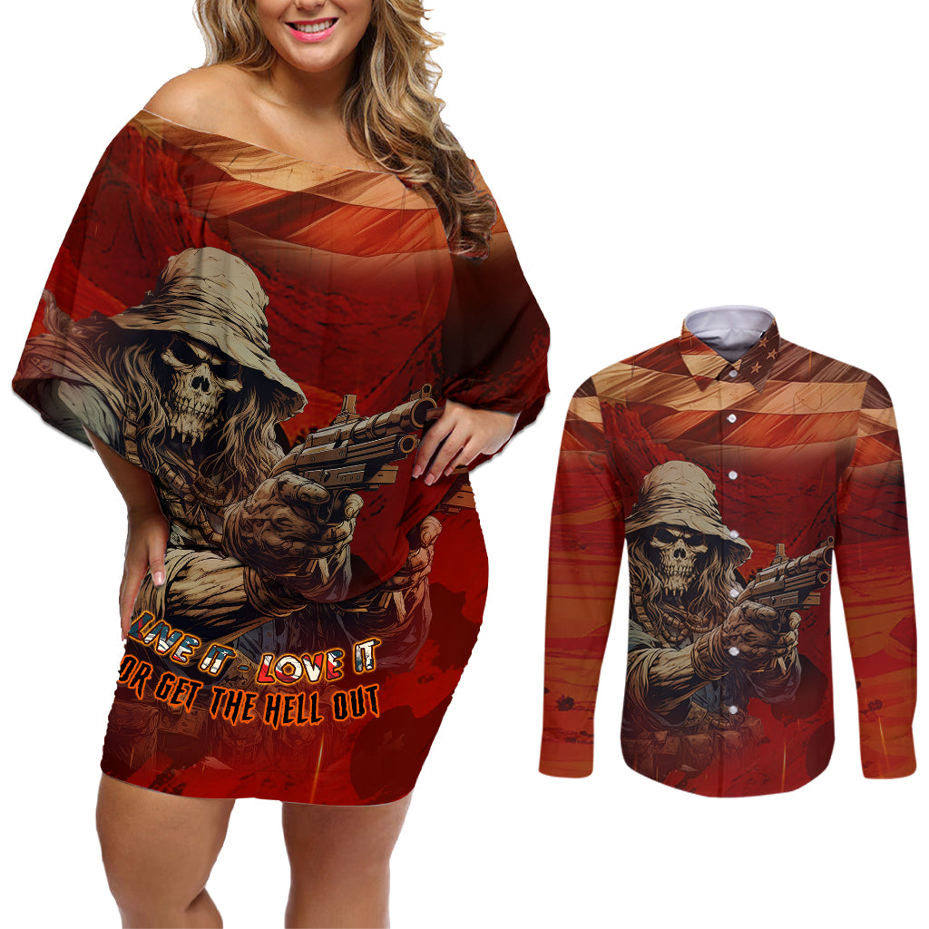 America Live It - Love It Or Get The Hell Out Couples Matching Off Shoulder Short Dress and Long Sleeve Button Shirts - Wonder Print Shop