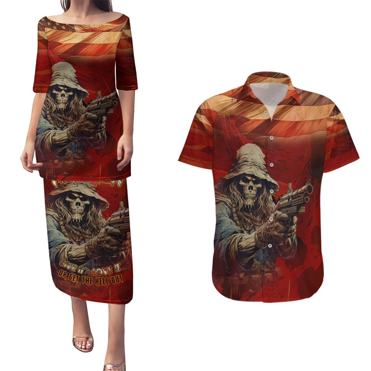 America Live It - Love It Or Get The Hell Out Couples Matching Puletasi Dress and Hawaiian Shirt - Wonder Print Shop