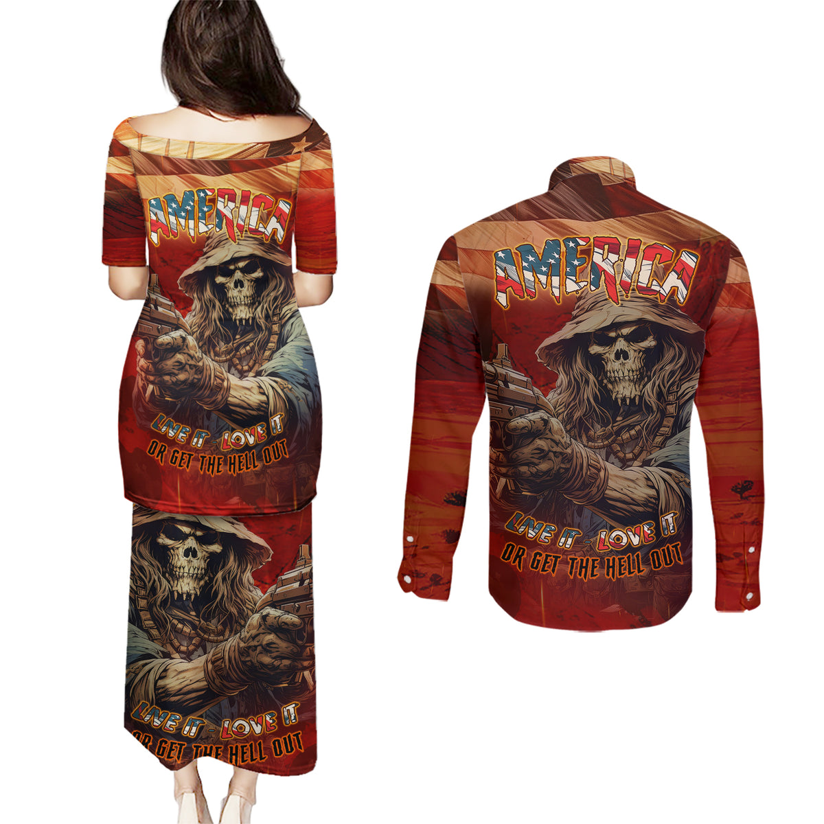 America Live It - Love It Or Get The Hell Out Couples Matching Puletasi Dress and Long Sleeve Button Shirts - Wonder Print Shop