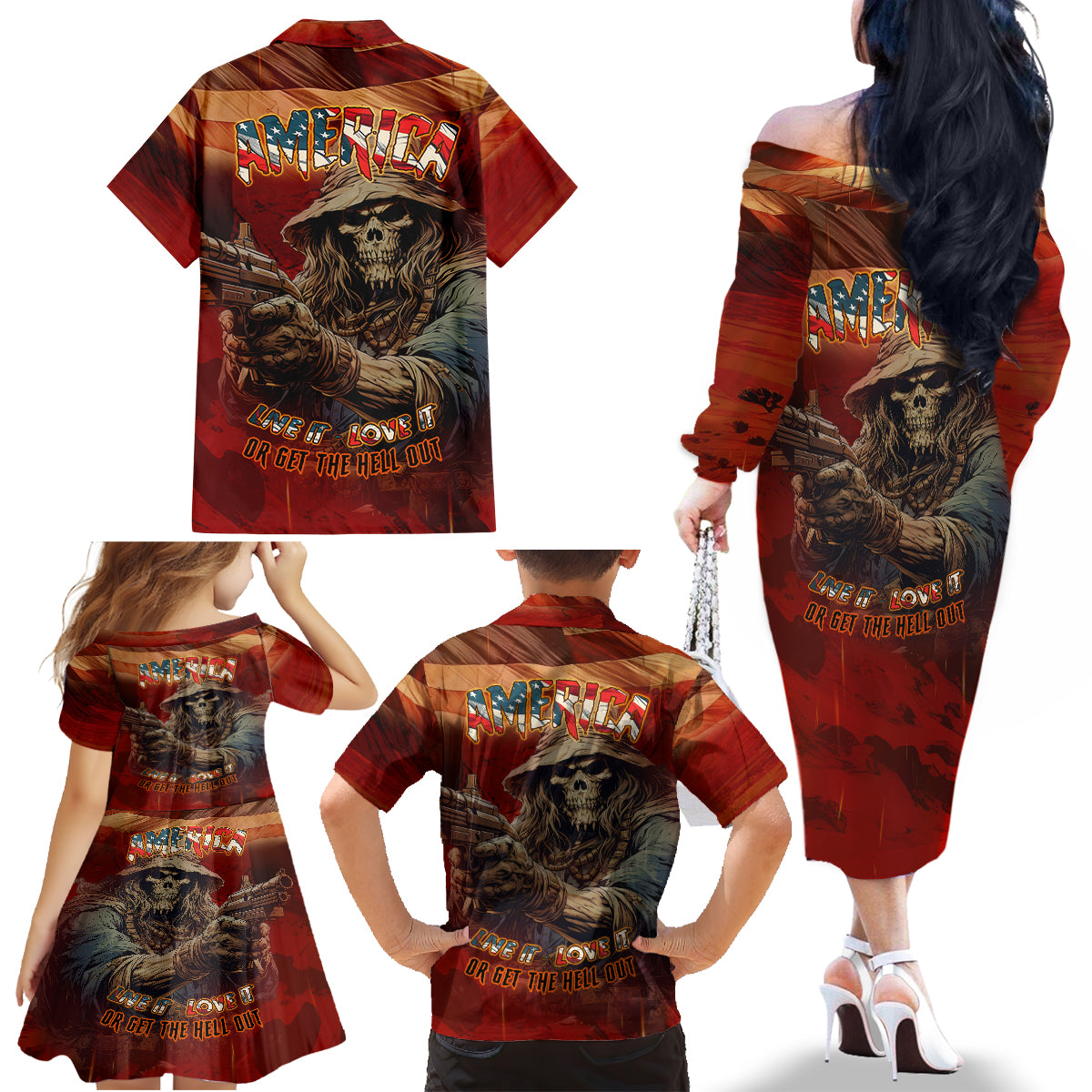 America Live It - Love It Or Get The Hell Out Family Matching Off Shoulder Long Sleeve Dress and Hawaiian Shirt - Wonder Print Shop