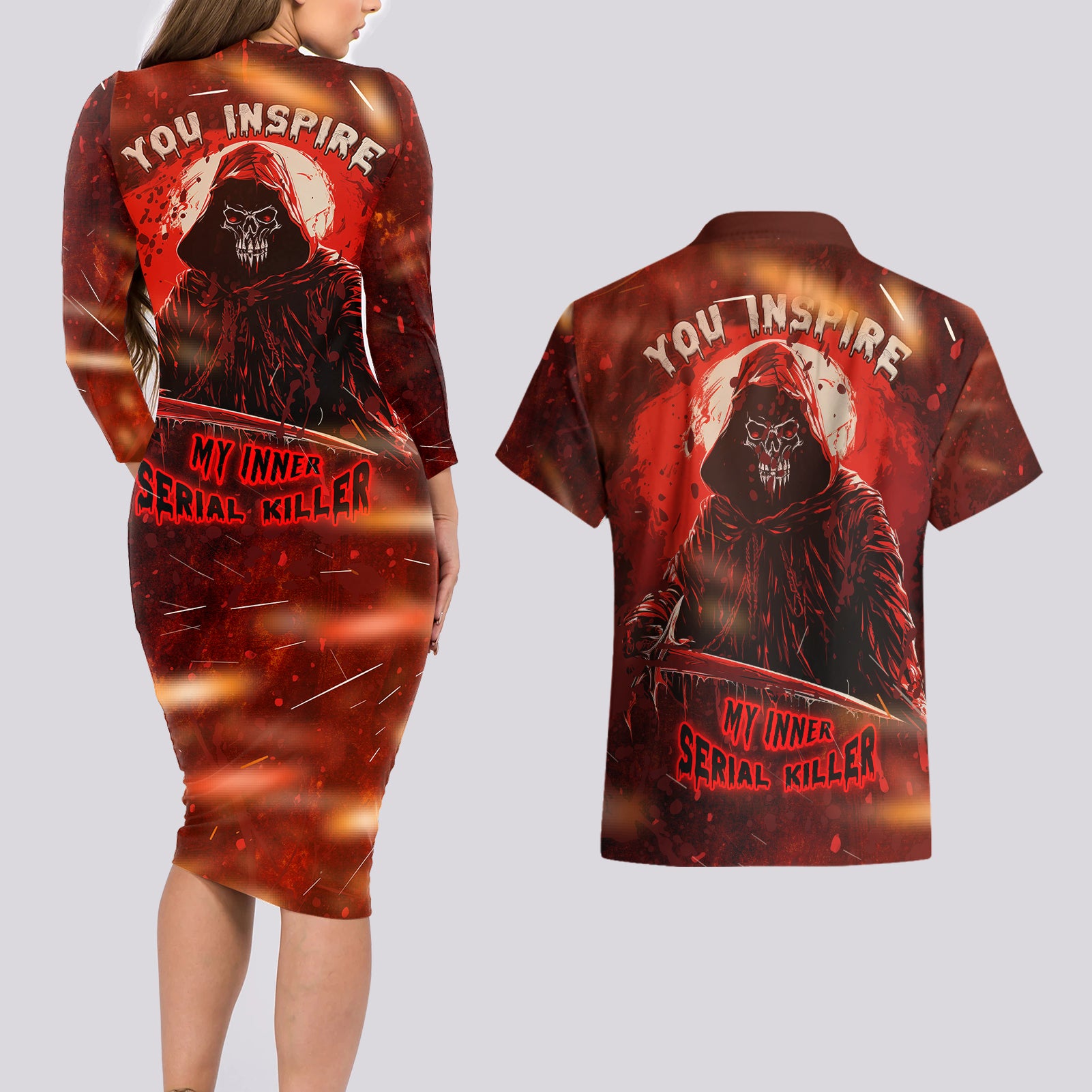 You Inspire My Inner Serial Killer Couples Matching Long Sleeve Bodycon Dress and Hawaiian Shirt - Wonder Print Shop