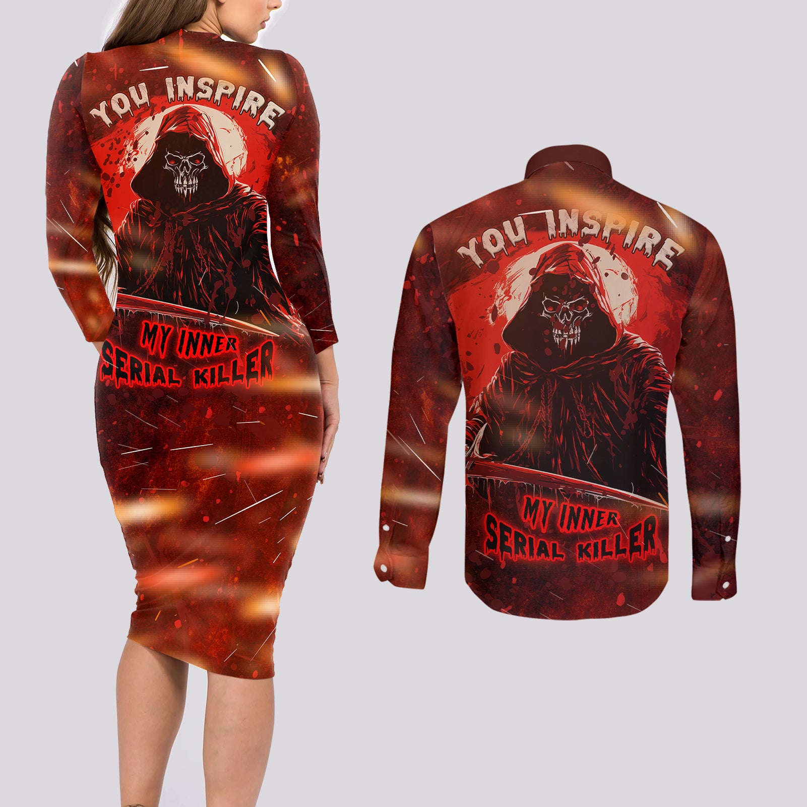 You Inspire My Inner Serial Killer Couples Matching Long Sleeve Bodycon Dress and Long Sleeve Button Shirts - Wonder Print Shop