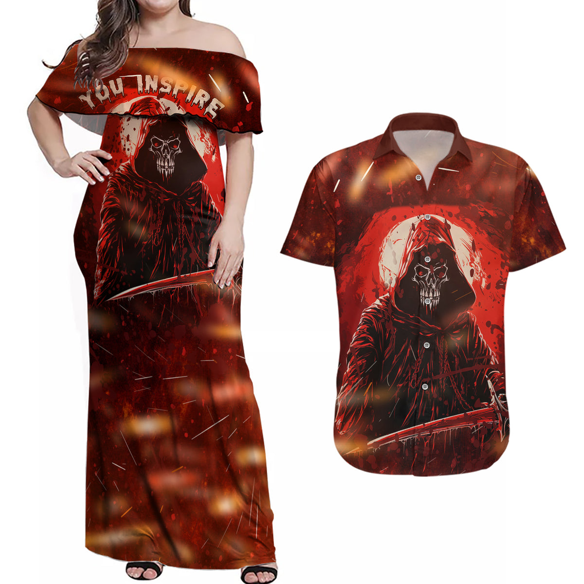 You Inspire My Inner Serial Killer Couples Matching Off Shoulder Maxi Dress and Hawaiian Shirt - Wonder Print Shop
