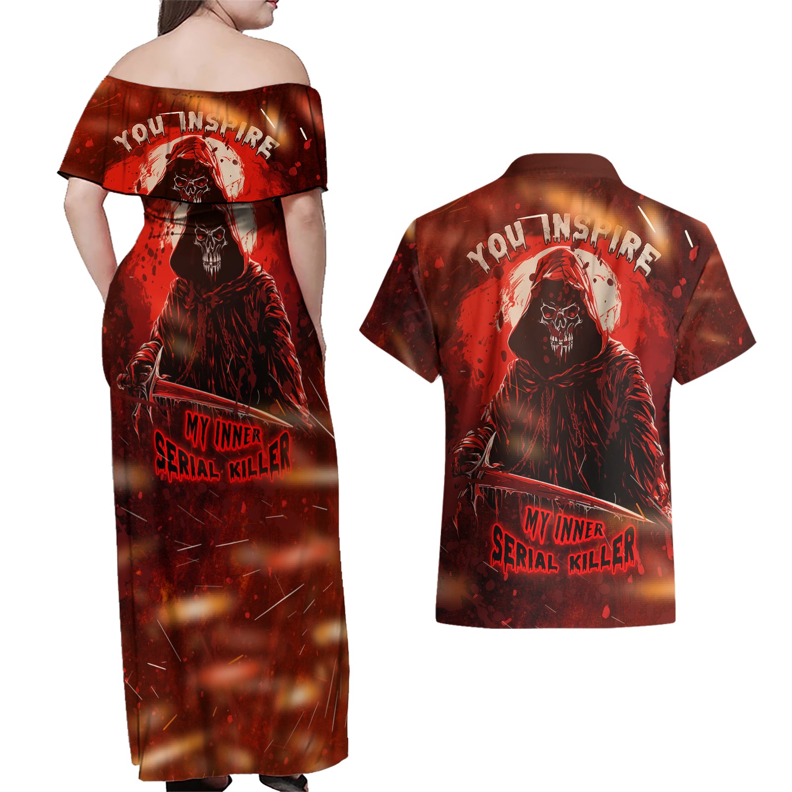 You Inspire My Inner Serial Killer Couples Matching Off Shoulder Maxi Dress and Hawaiian Shirt - Wonder Print Shop