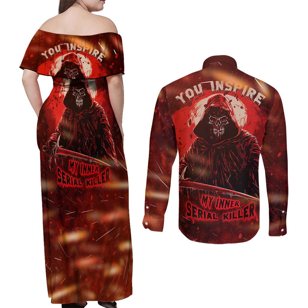 You Inspire My Inner Serial Killer Couples Matching Off Shoulder Maxi Dress and Long Sleeve Button Shirts - Wonder Print Shop