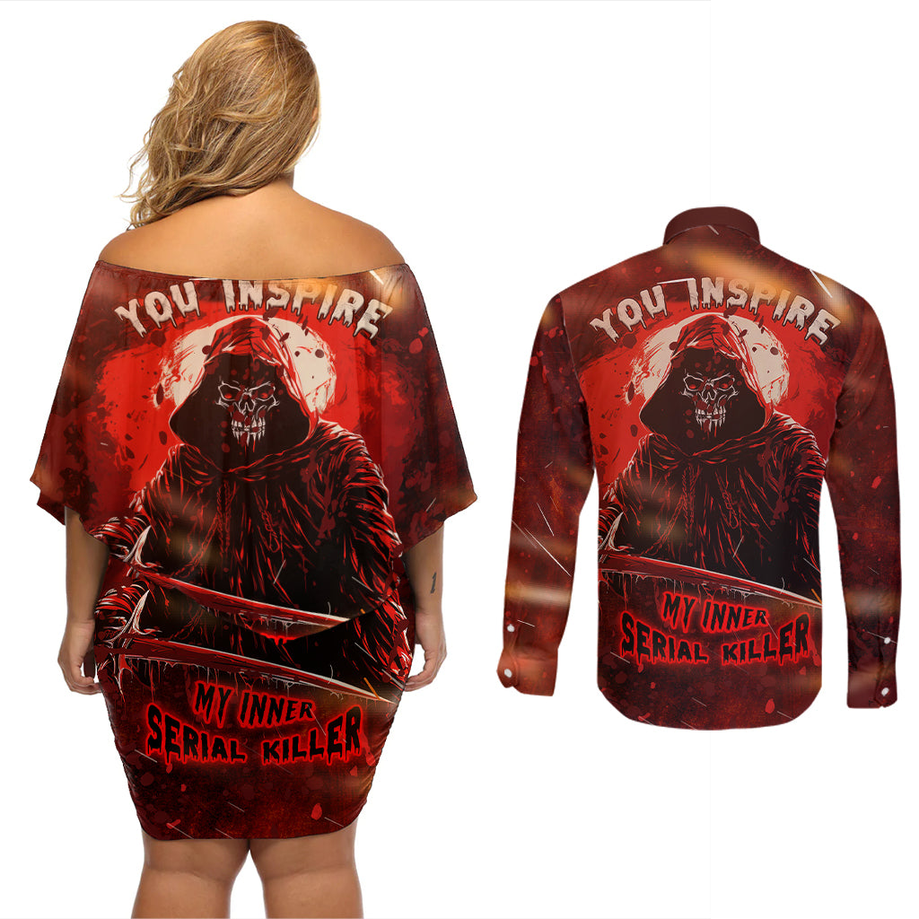 You Inspire My Inner Serial Killer Couples Matching Off Shoulder Short Dress and Long Sleeve Button Shirts - Wonder Print Shop