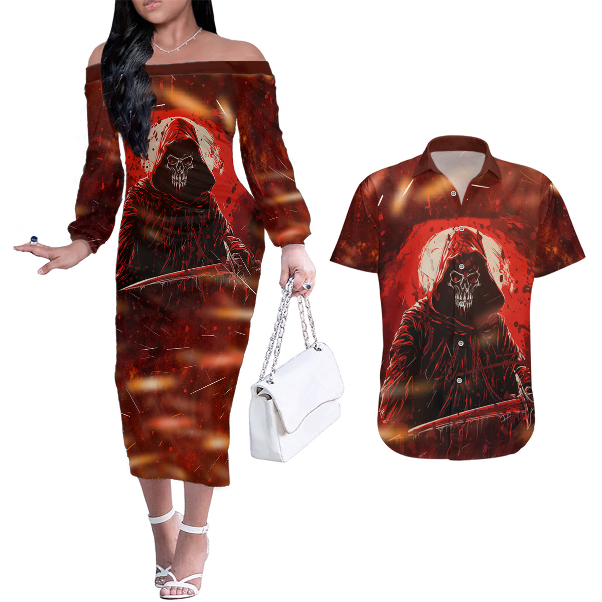 You Inspire My Inner Serial Killer Couples Matching Off The Shoulder Long Sleeve Dress and Hawaiian Shirt - Wonder Print Shop