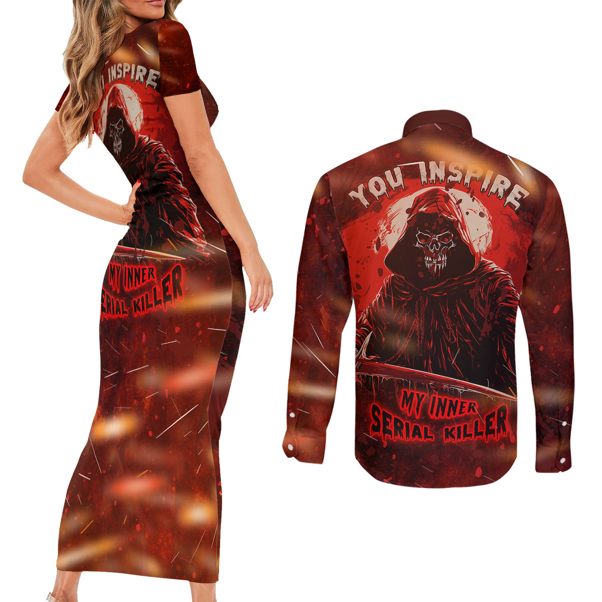 You Inspire My Inner Serial Killer Couples Matching Short Sleeve Bodycon Dress and Long Sleeve Button Shirts - Wonder Print Shop