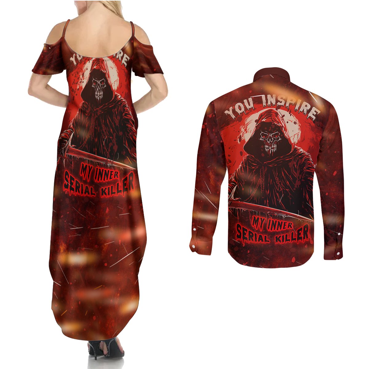 You Inspire My Inner Serial Killer Couples Matching Summer Maxi Dress and Long Sleeve Button Shirts - Wonder Print Shop