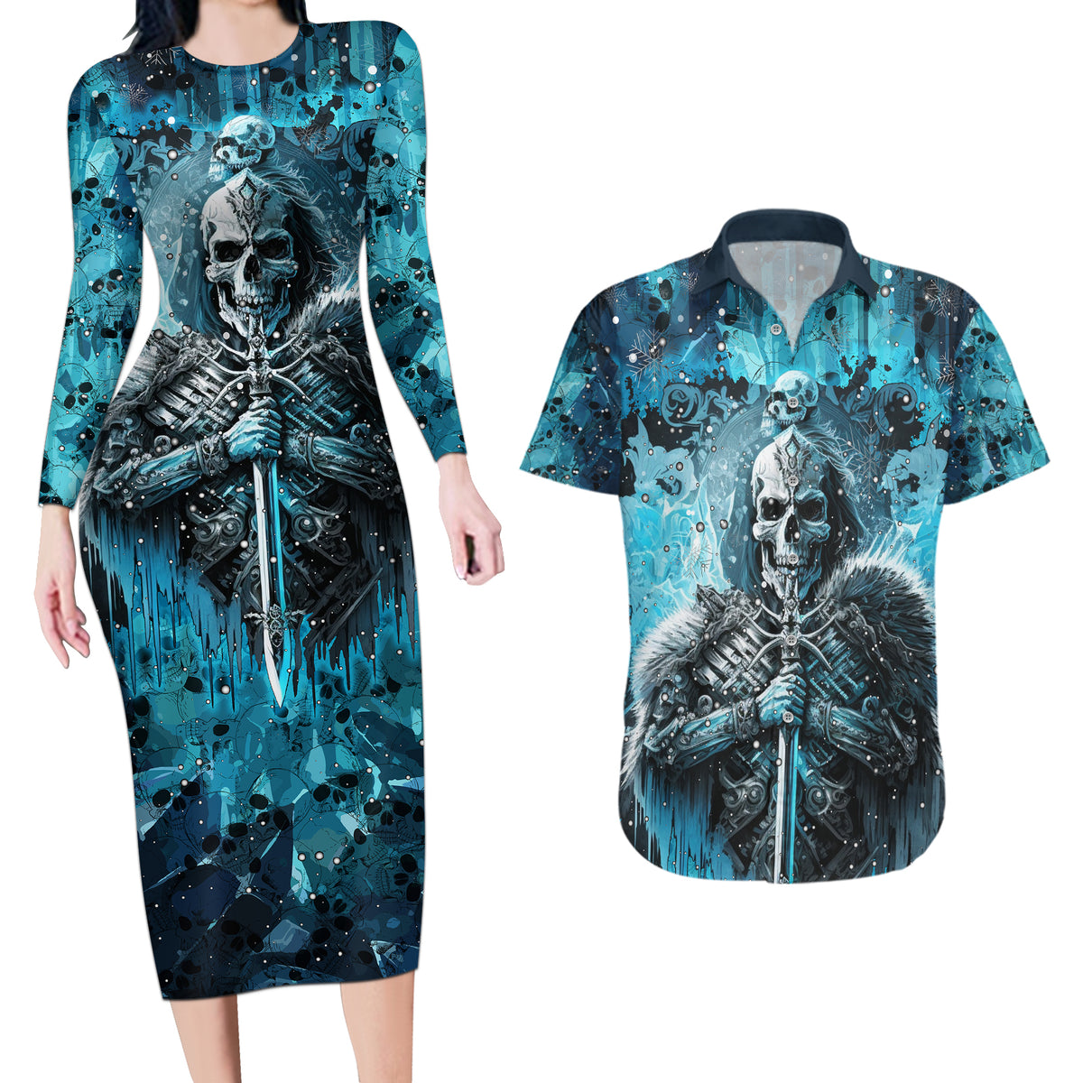 Skull Couples Matching Long Sleeve Bodycon Dress and Hawaiian Shirt Try Again Tomorrow - Wonder Print Shop