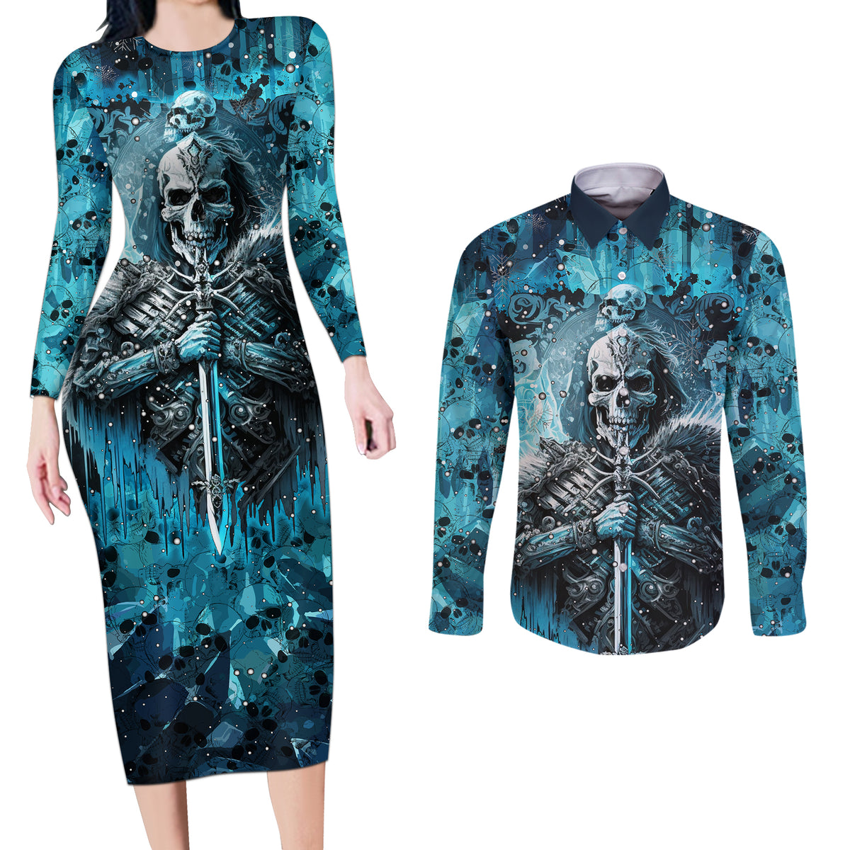 Skull Couples Matching Long Sleeve Bodycon Dress and Long Sleeve Button Shirts Try Again Tomorrow - Wonder Print Shop