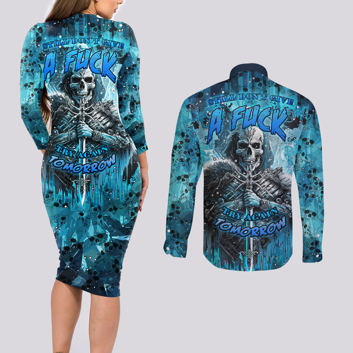 Skull Couples Matching Long Sleeve Bodycon Dress and Long Sleeve Button Shirts Try Again Tomorrow - Wonder Print Shop