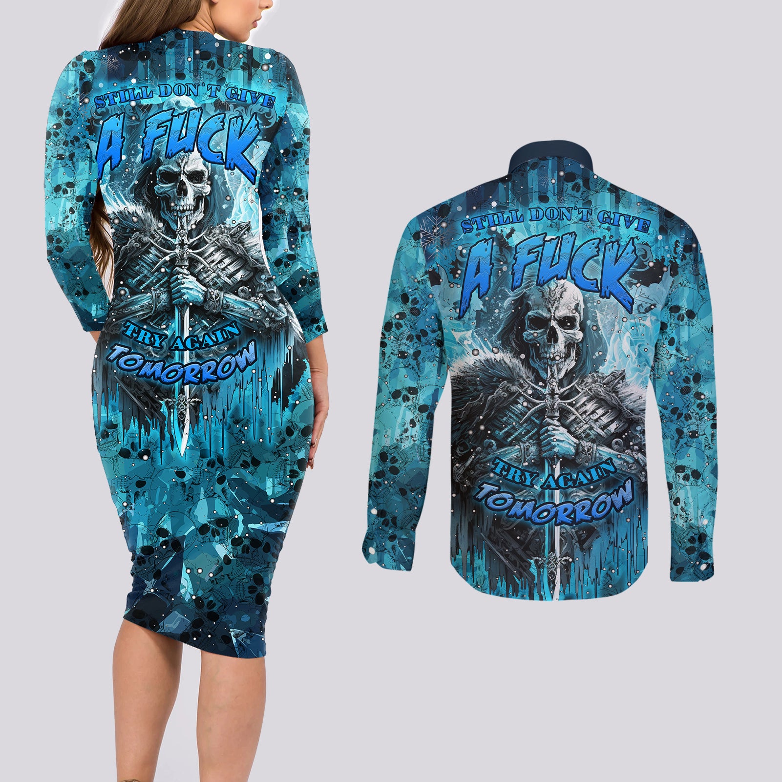 Skull Couples Matching Long Sleeve Bodycon Dress and Long Sleeve Button Shirts Try Again Tomorrow - Wonder Print Shop