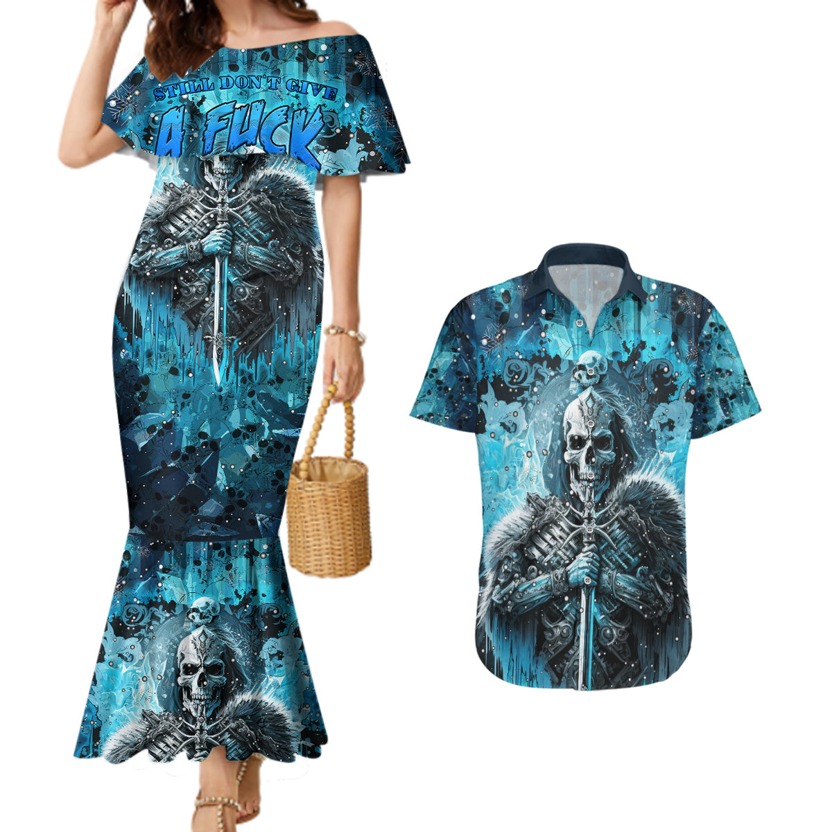 Skull Couples Matching Mermaid Dress and Hawaiian Shirt Try Again Tomorrow - Wonder Print Shop