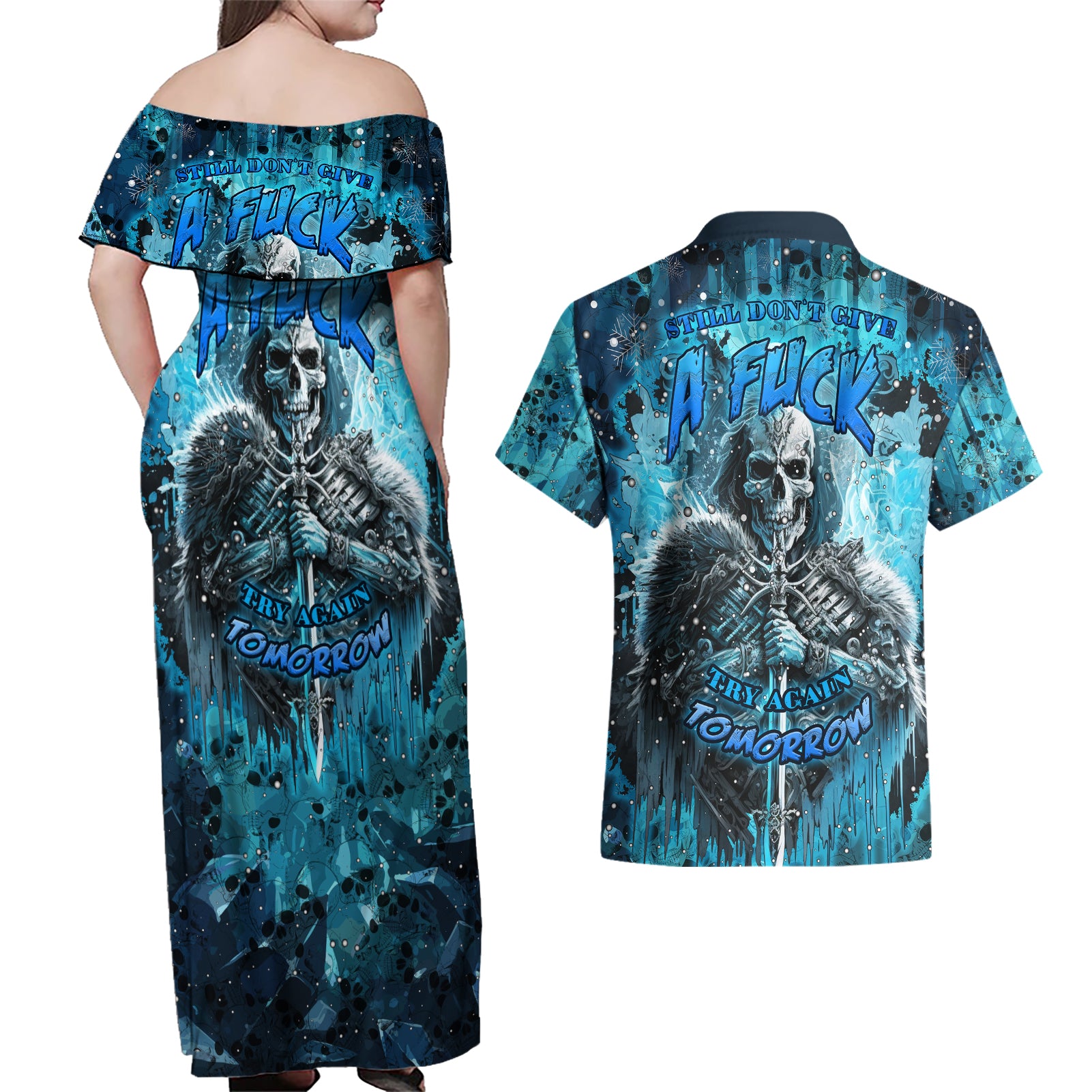 Skull Couples Matching Off Shoulder Maxi Dress and Hawaiian Shirt Try Again Tomorrow - Wonder Print Shop
