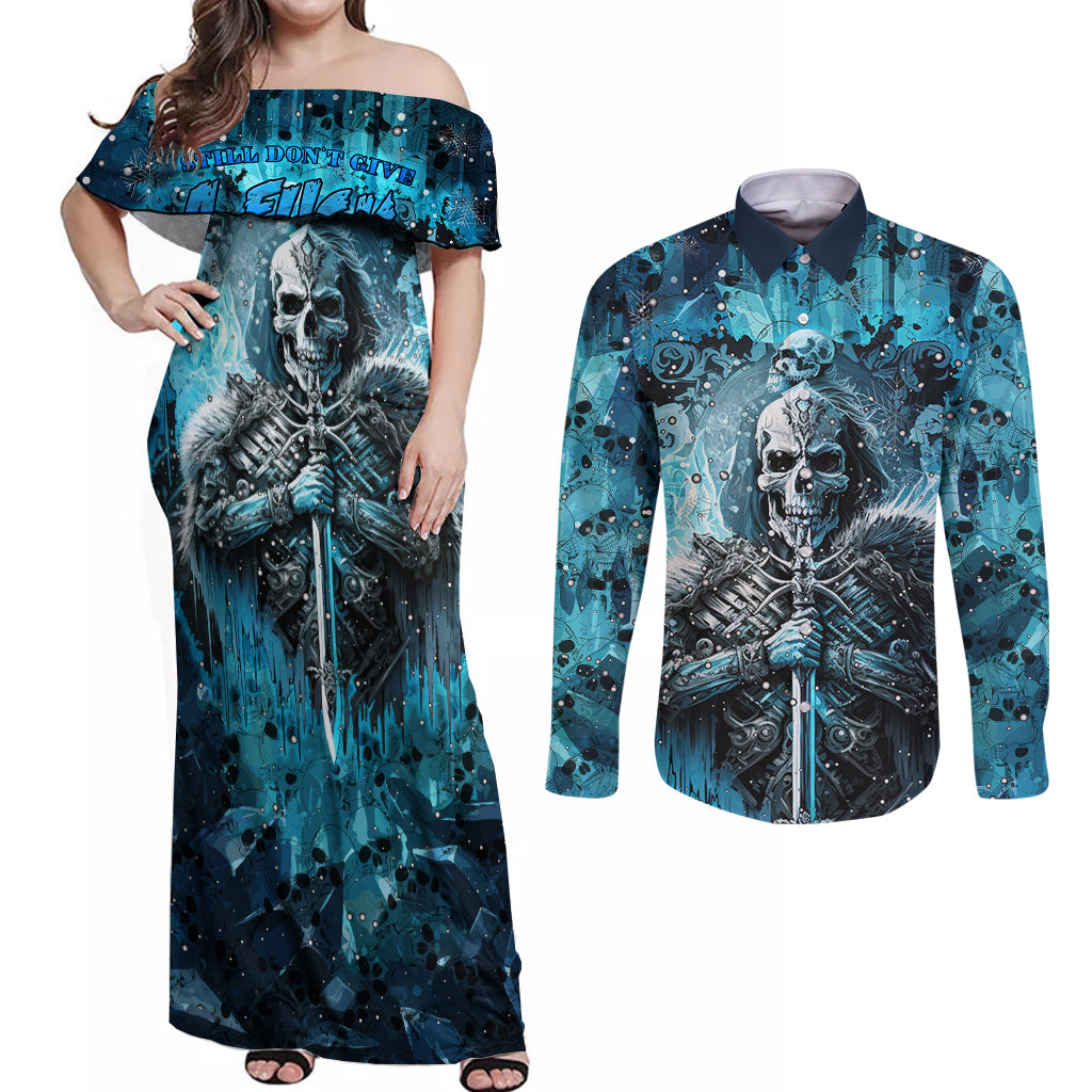 Skull Couples Matching Off Shoulder Maxi Dress and Long Sleeve Button Shirts Try Again Tomorrow - Wonder Print Shop