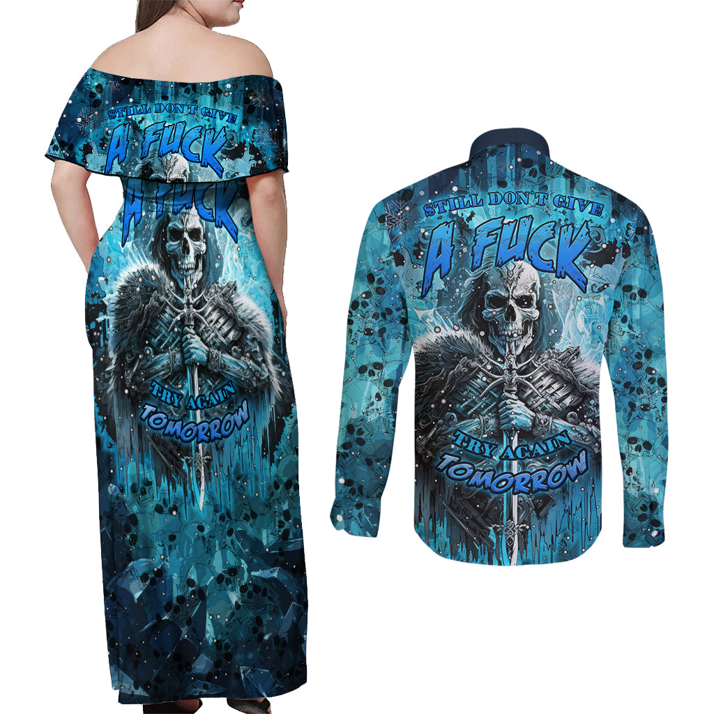 Skull Couples Matching Off Shoulder Maxi Dress and Long Sleeve Button Shirts Try Again Tomorrow - Wonder Print Shop
