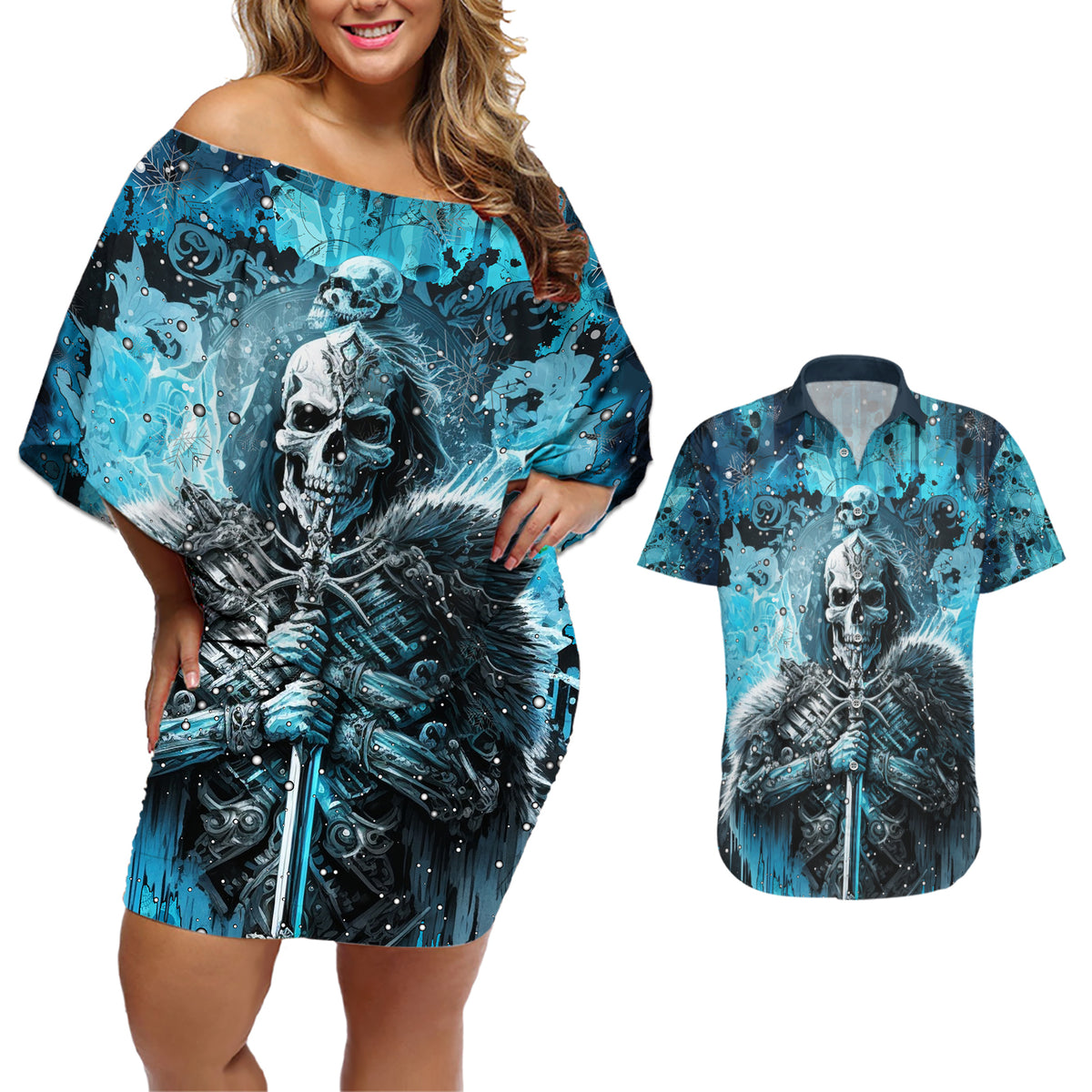 Skull Couples Matching Off Shoulder Short Dress and Hawaiian Shirt Try Again Tomorrow - Wonder Print Shop