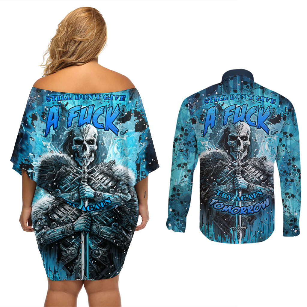 Skull Couples Matching Off Shoulder Short Dress and Long Sleeve Button Shirts Try Again Tomorrow - Wonder Print Shop