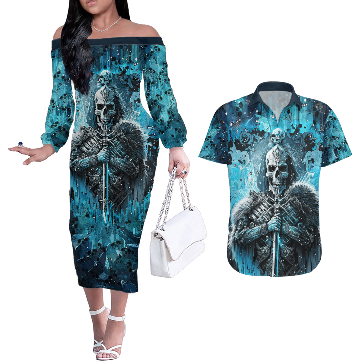 Skull Couples Matching Off The Shoulder Long Sleeve Dress and Hawaiian Shirt Try Again Tomorrow - Wonder Print Shop