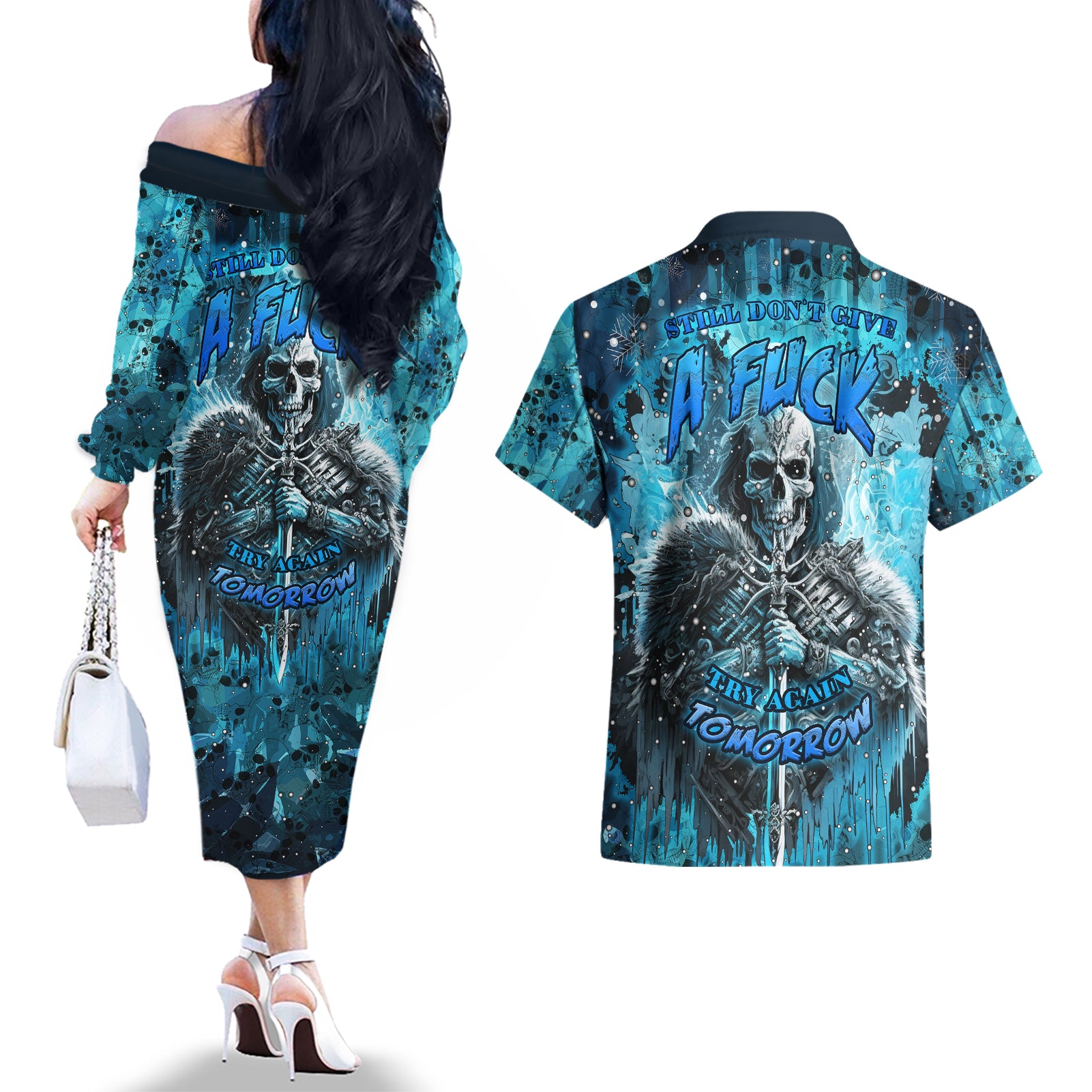 Skull Couples Matching Off The Shoulder Long Sleeve Dress and Hawaiian Shirt Try Again Tomorrow - Wonder Print Shop