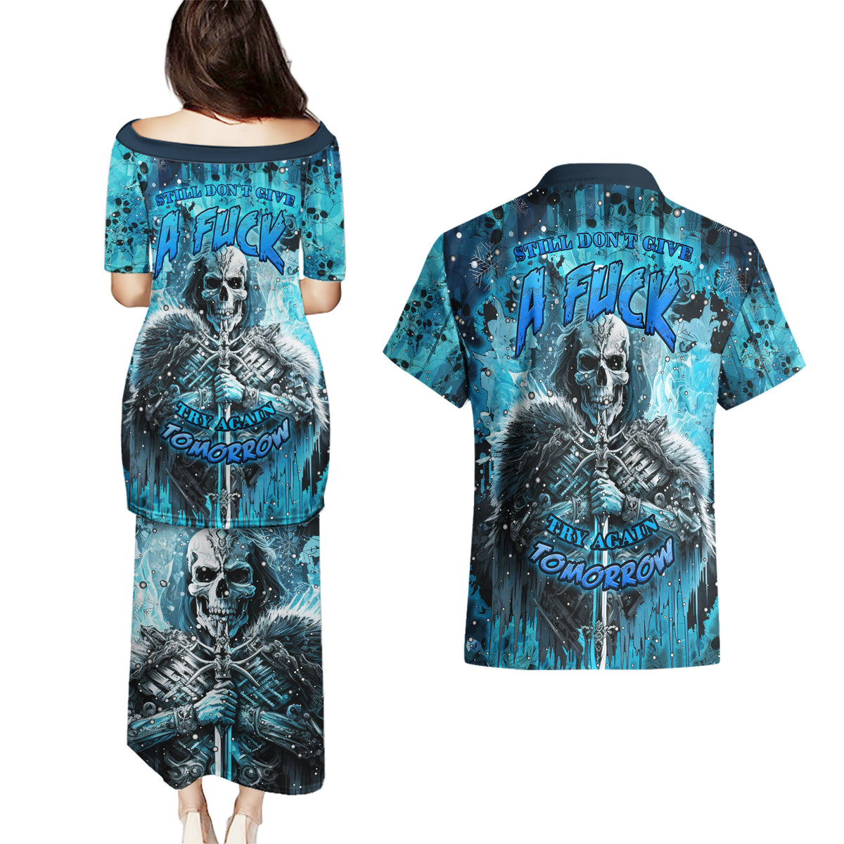 Skull Couples Matching Puletasi Dress and Hawaiian Shirt Try Again Tomorrow - Wonder Print Shop