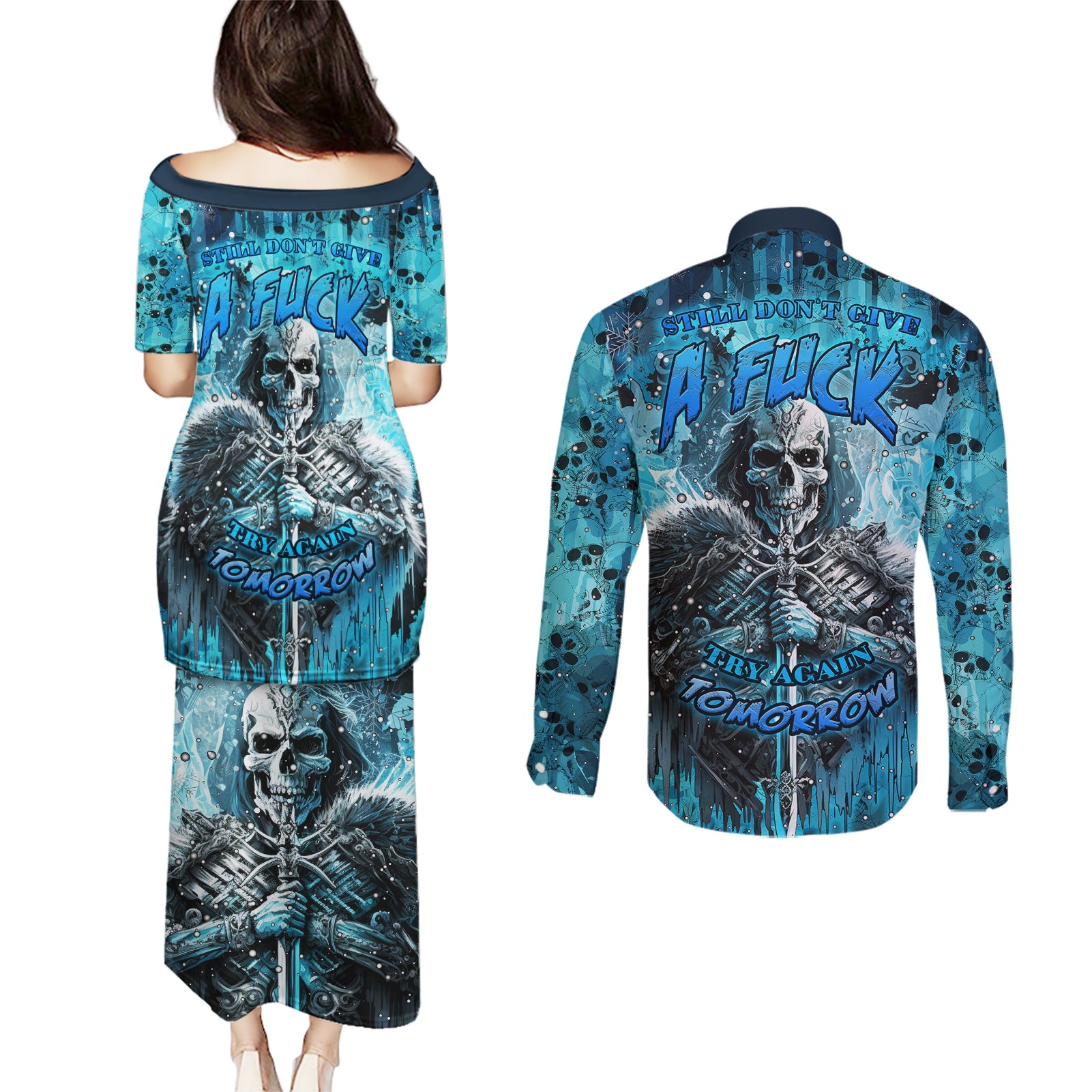 Skull Couples Matching Puletasi Dress and Long Sleeve Button Shirts Try Again Tomorrow - Wonder Print Shop