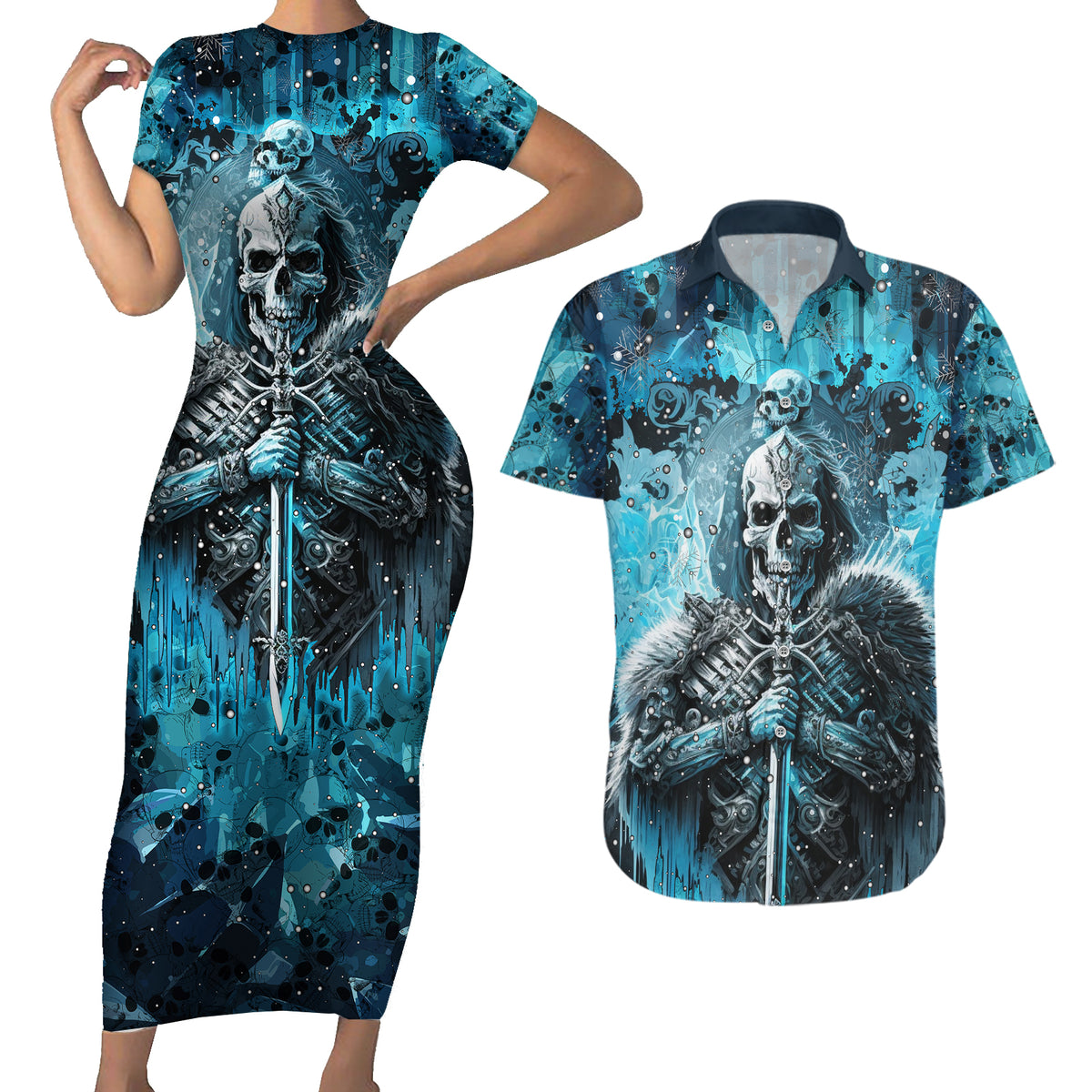 Skull Couples Matching Short Sleeve Bodycon Dress and Hawaiian Shirt Try Again Tomorrow - Wonder Print Shop