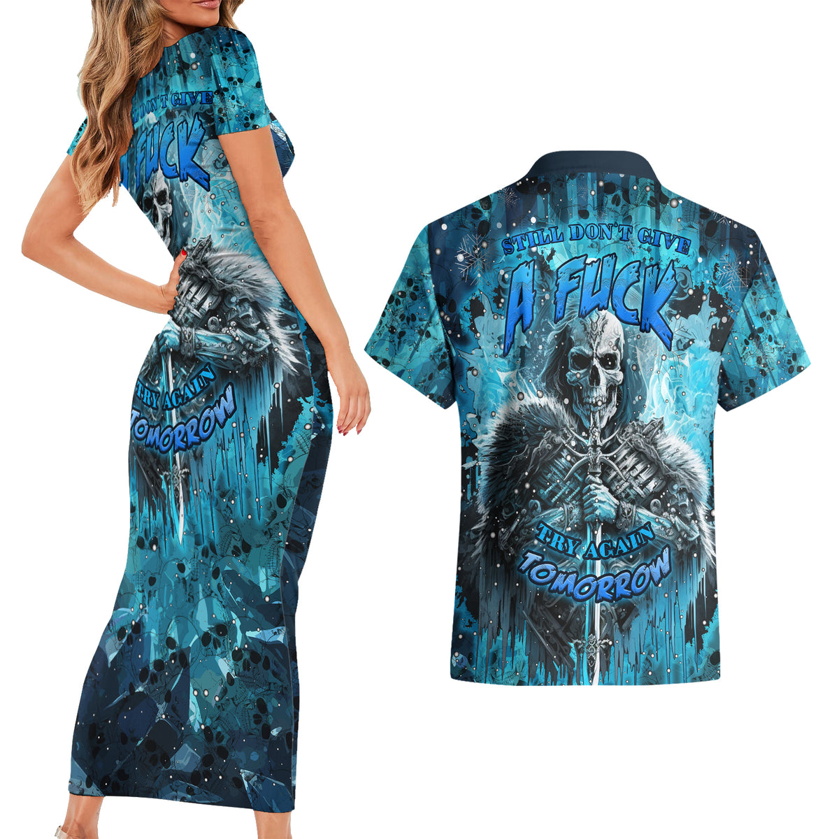 Skull Couples Matching Short Sleeve Bodycon Dress and Hawaiian Shirt Try Again Tomorrow - Wonder Print Shop