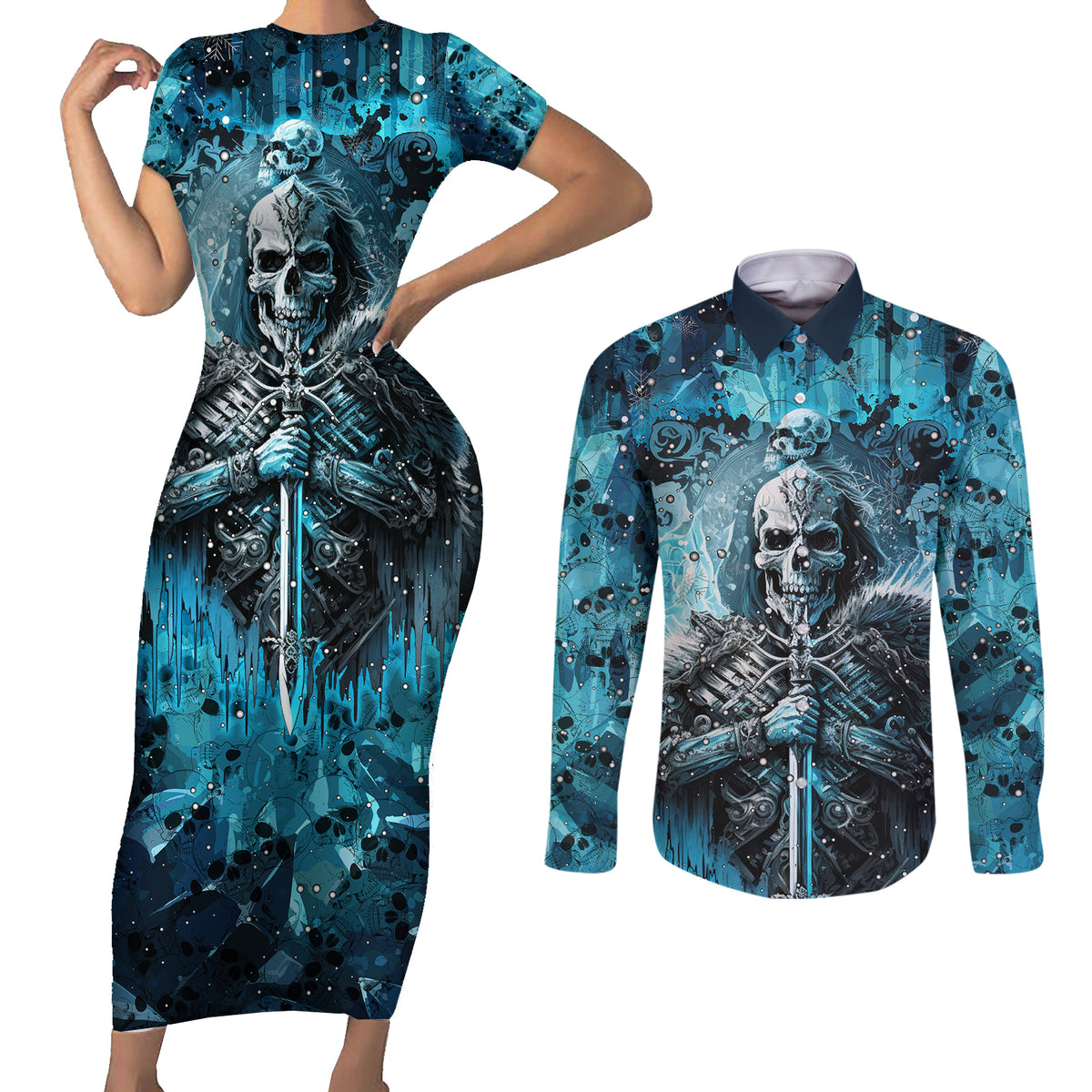 Skull Couples Matching Short Sleeve Bodycon Dress and Long Sleeve Button Shirts Try Again Tomorrow - Wonder Print Shop