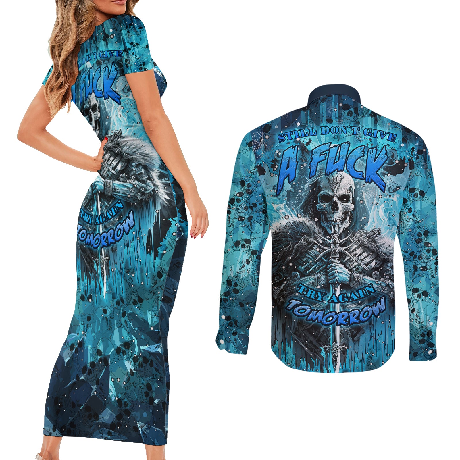 Skull Couples Matching Short Sleeve Bodycon Dress and Long Sleeve Button Shirts Try Again Tomorrow - Wonder Print Shop