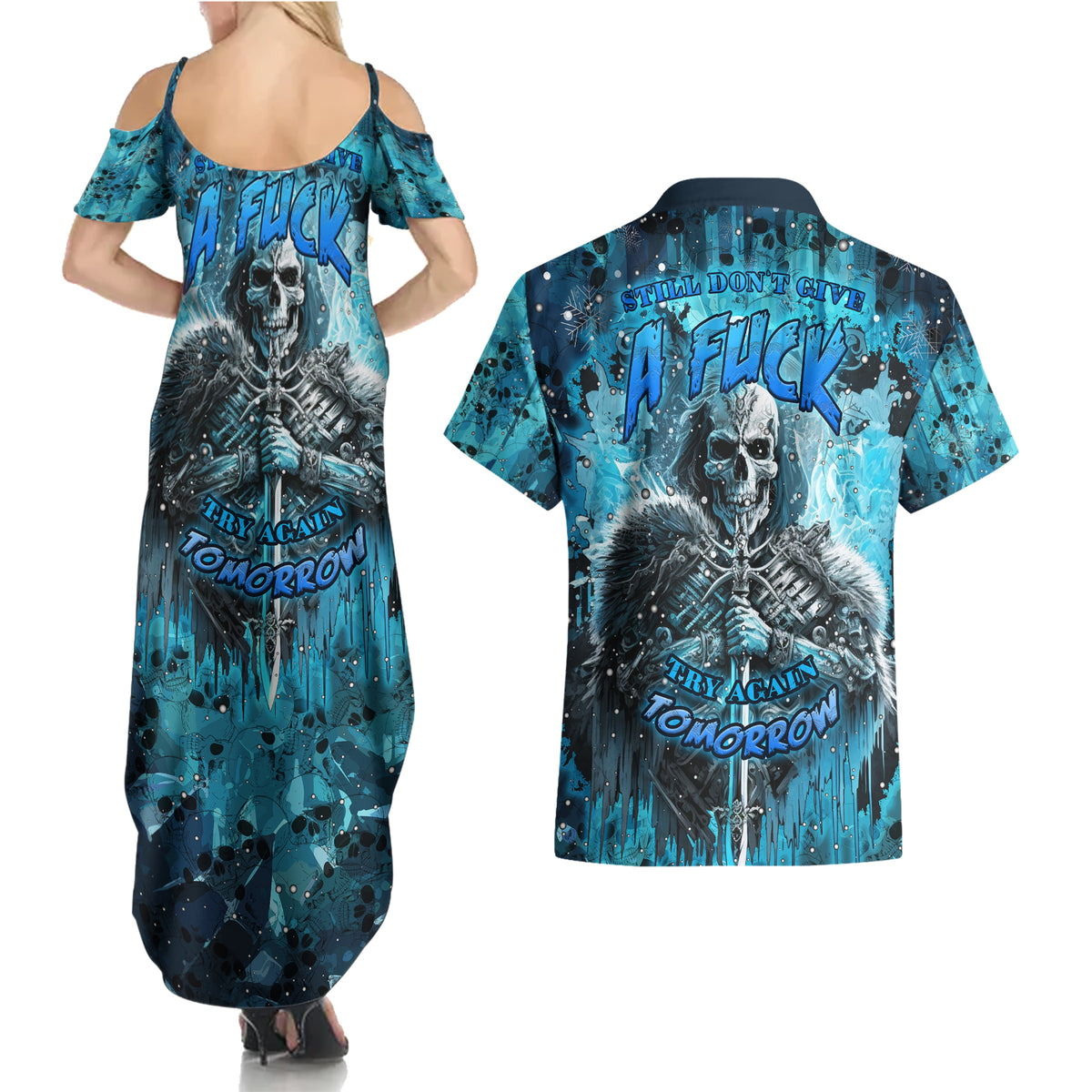 Skull Couples Matching Summer Maxi Dress and Hawaiian Shirt Try Again Tomorrow - Wonder Print Shop