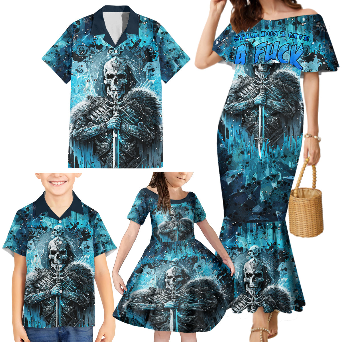 Skull Family Matching Mermaid Dress and Hawaiian Shirt Try Again Tomorrow - Wonder Print Shop
