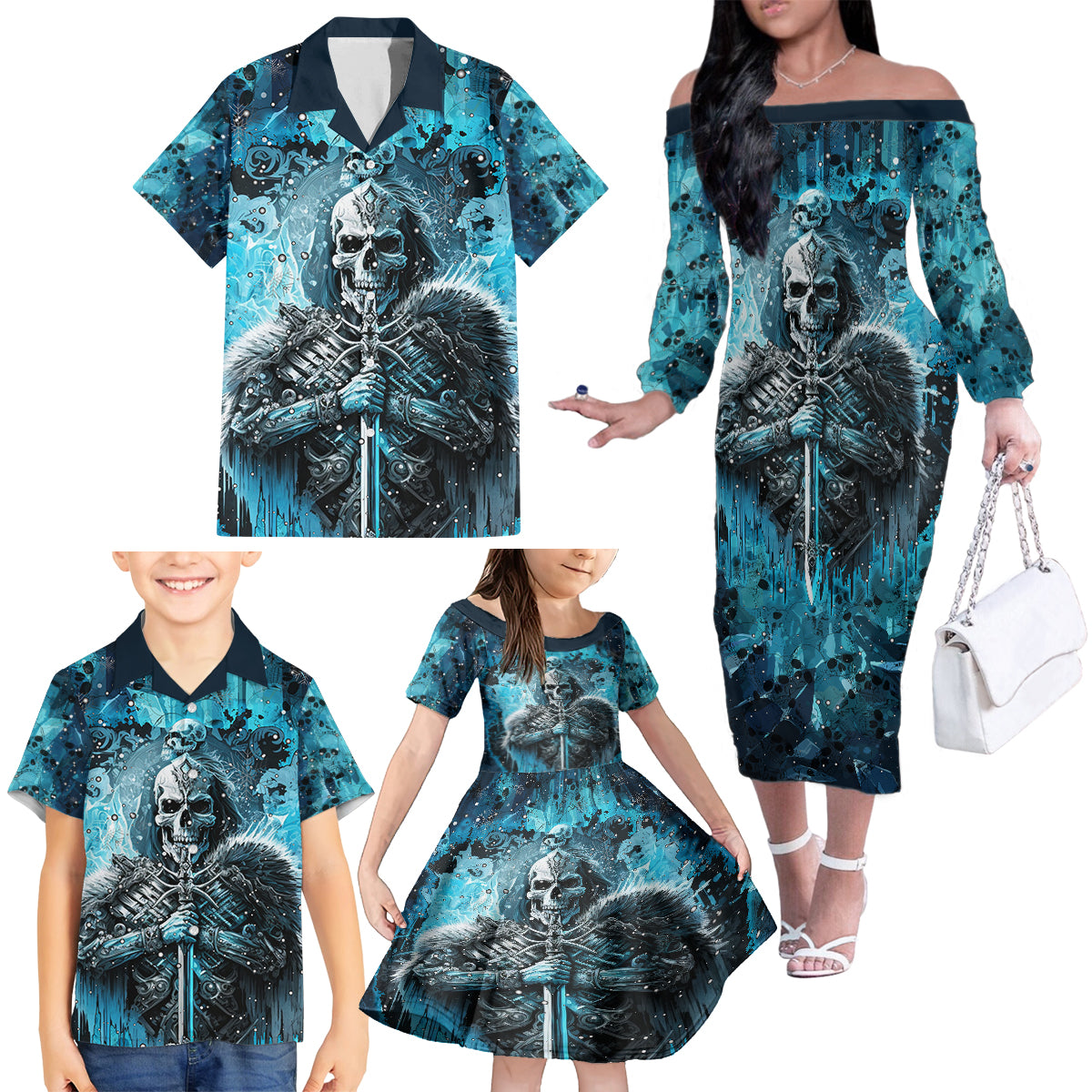 Skull Family Matching Off Shoulder Long Sleeve Dress and Hawaiian Shirt Try Again Tomorrow - Wonder Print Shop