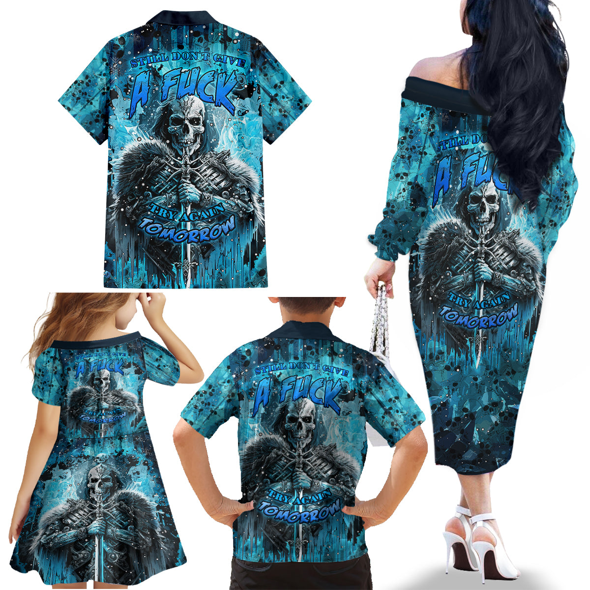 Skull Family Matching Off Shoulder Long Sleeve Dress and Hawaiian Shirt Try Again Tomorrow - Wonder Print Shop