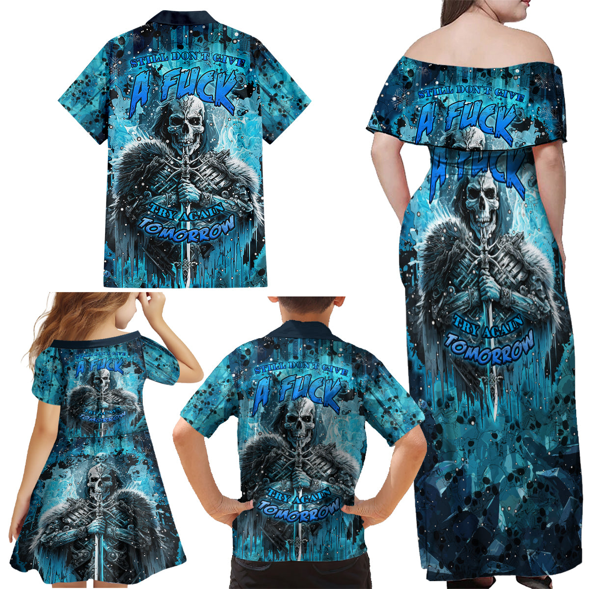 Skull Family Matching Off Shoulder Maxi Dress and Hawaiian Shirt Try Again Tomorrow - Wonder Print Shop