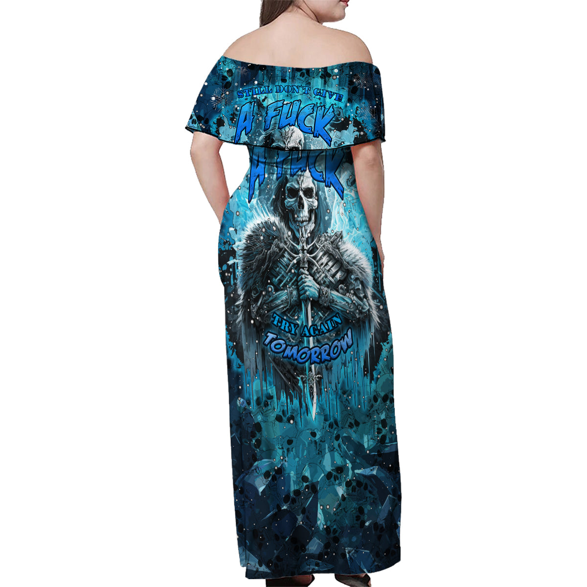 Skull Family Matching Off Shoulder Maxi Dress and Hawaiian Shirt Try Again Tomorrow - Wonder Print Shop