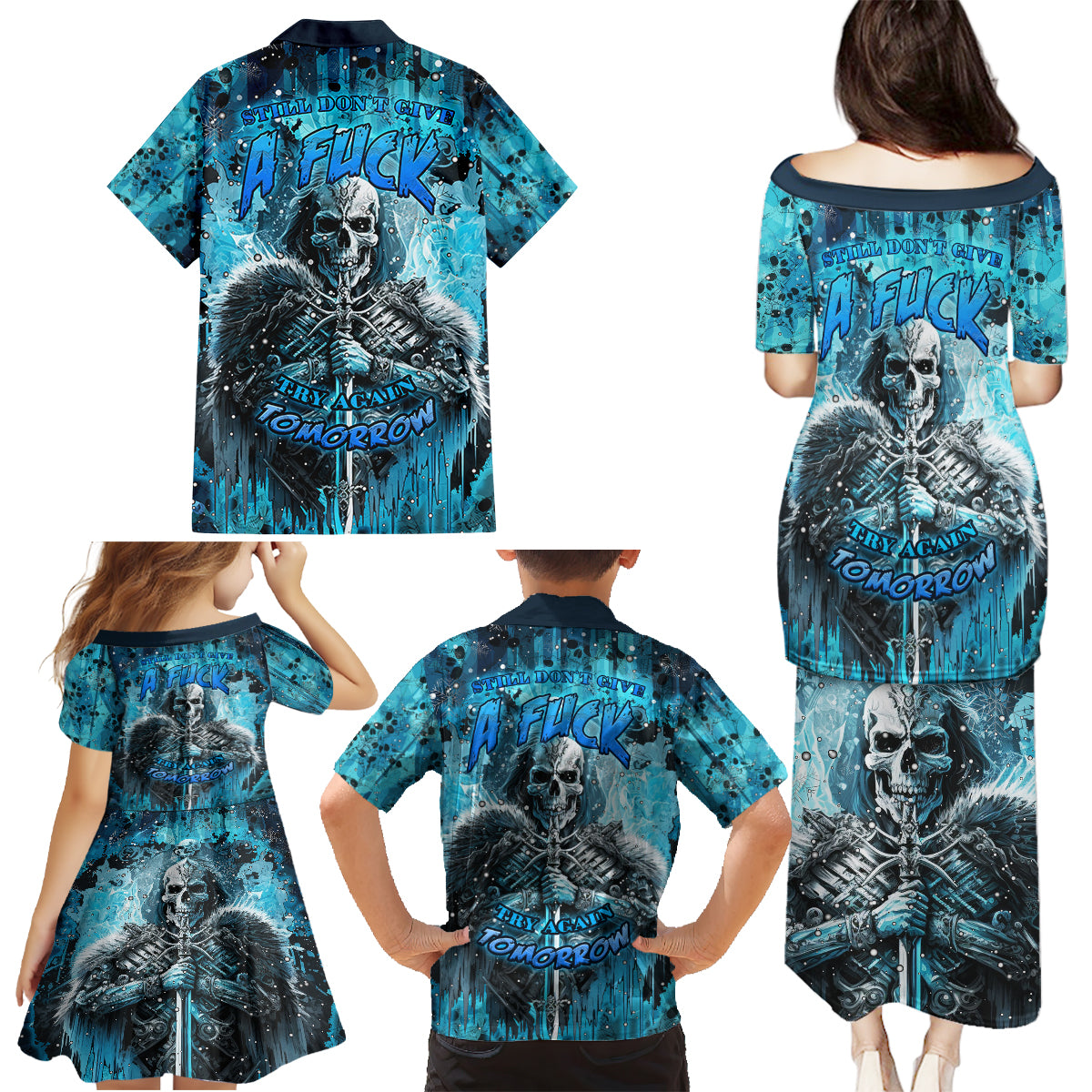 Skull Family Matching Puletasi Dress and Hawaiian Shirt Try Again Tomorrow - Wonder Print Shop