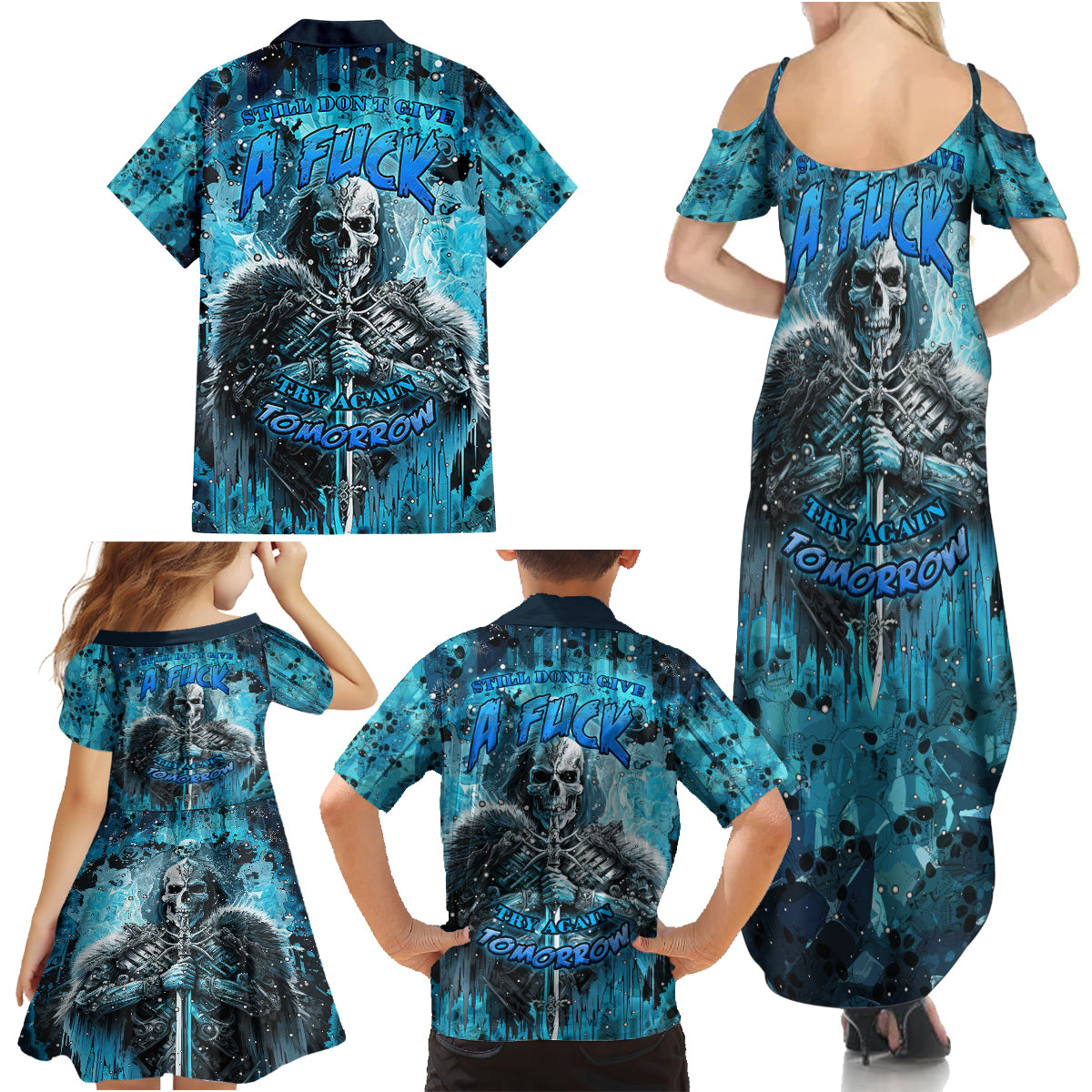 Skull Family Matching Summer Maxi Dress and Hawaiian Shirt Try Again Tomorrow - Wonder Print Shop