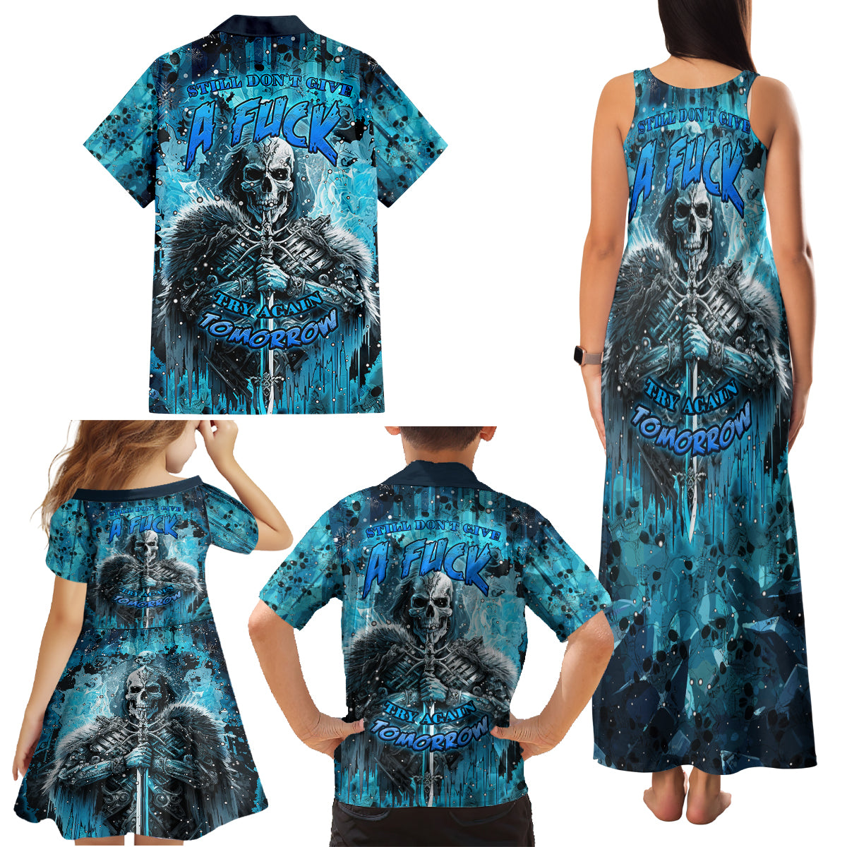 Skull Family Matching Tank Maxi Dress and Hawaiian Shirt Try Again Tomorrow - Wonder Print Shop
