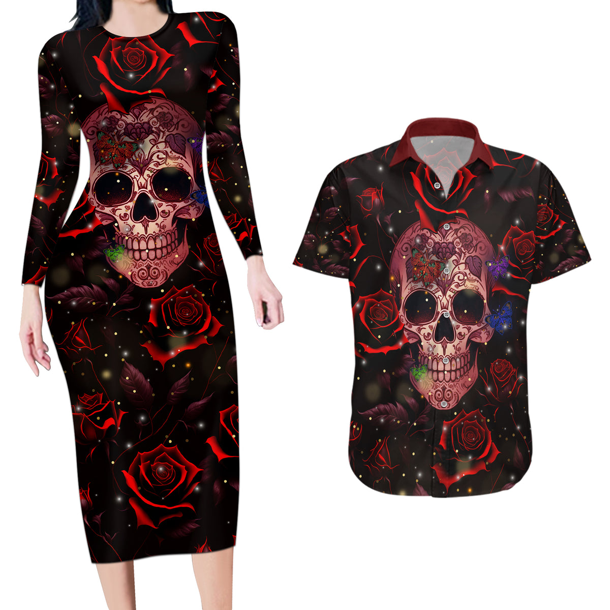 Don't Cry Skull Couples Matching Long Sleeve Bodycon Dress and Hawaiian Shirt - Wonder Print Shop