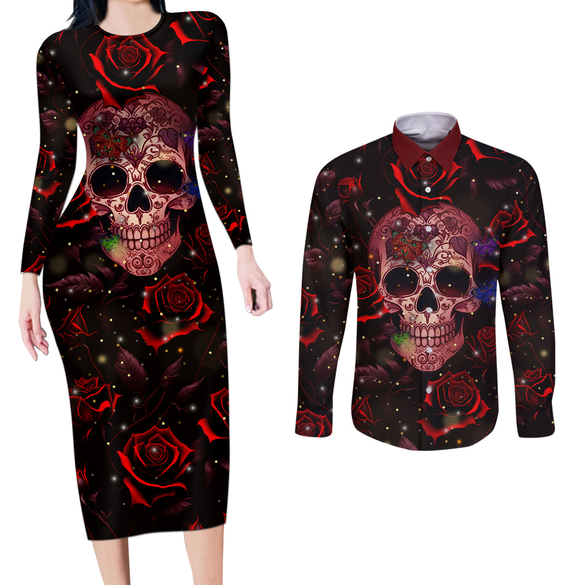 Don't Cry Skull Couples Matching Long Sleeve Bodycon Dress and Long Sleeve Button Shirts - Wonder Print Shop