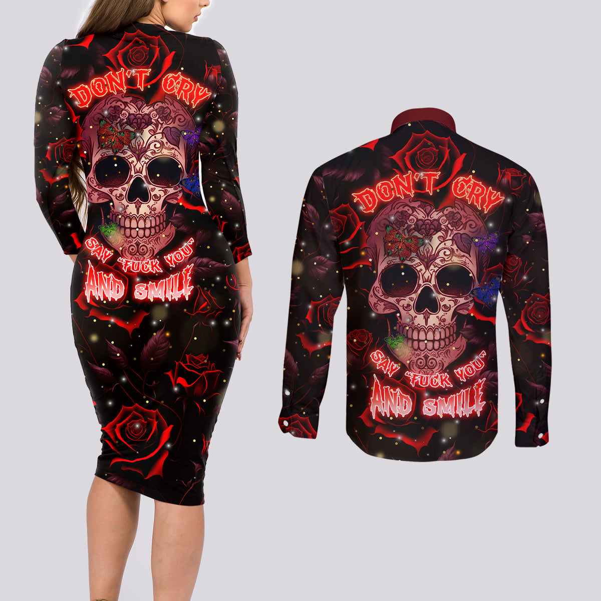 Don't Cry Skull Couples Matching Long Sleeve Bodycon Dress and Long Sleeve Button Shirts - Wonder Print Shop