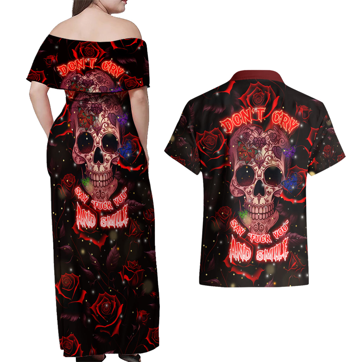 Don't Cry Skull Couples Matching Off Shoulder Maxi Dress and Hawaiian Shirt - Wonder Print Shop