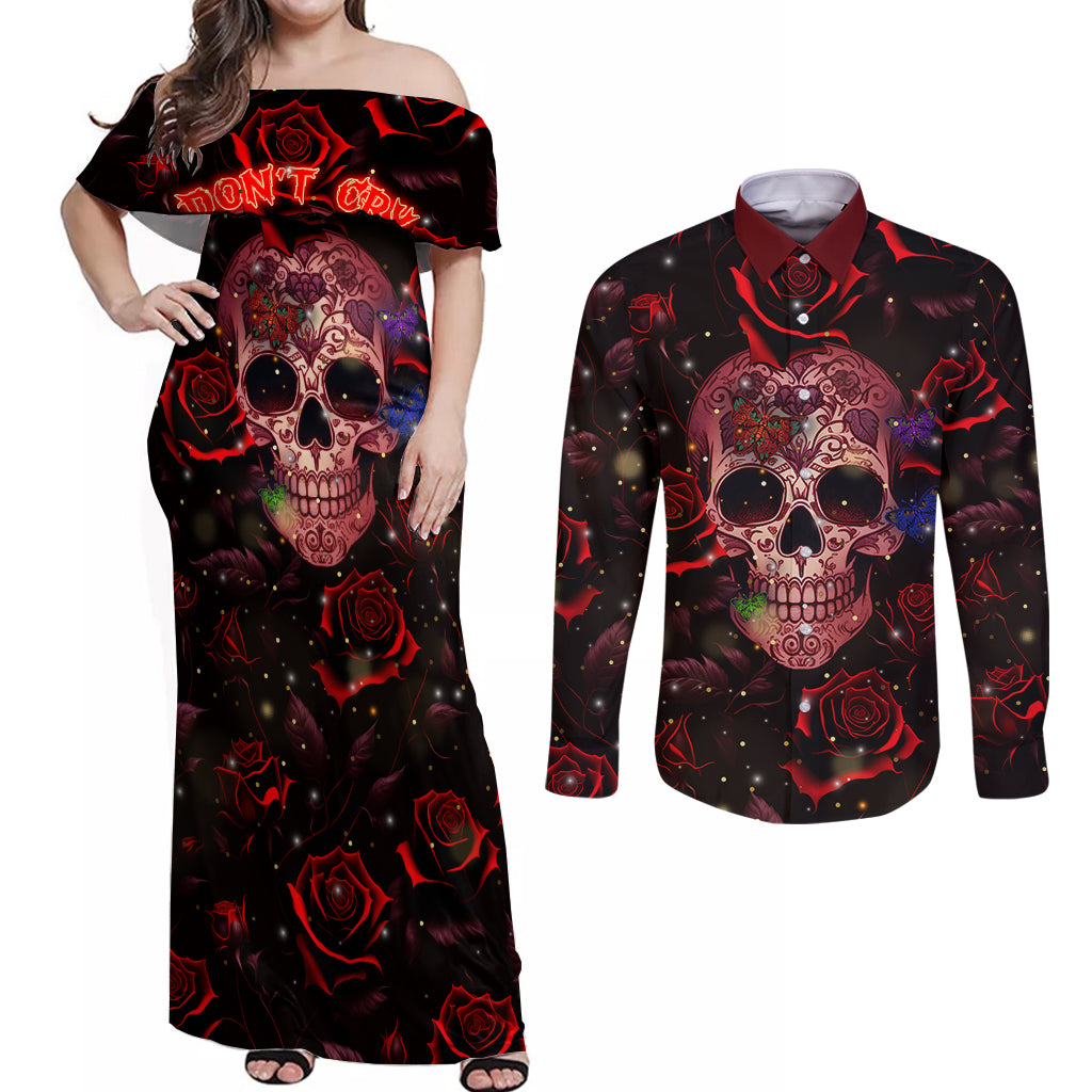 Don't Cry Skull Couples Matching Off Shoulder Maxi Dress and Long Sleeve Button Shirts - Wonder Print Shop