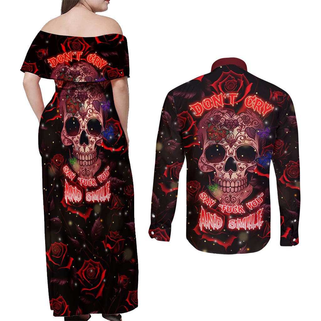 Don't Cry Skull Couples Matching Off Shoulder Maxi Dress and Long Sleeve Button Shirts - Wonder Print Shop